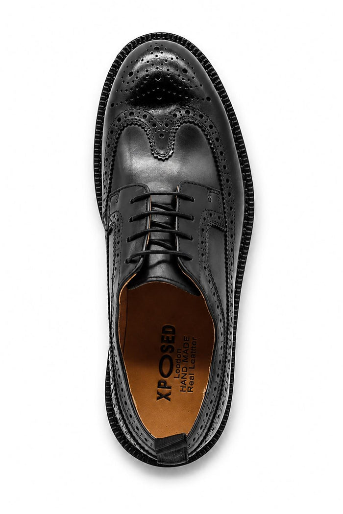Men's Polished Leather Wingtip Brogues - Black Chunky Derby Shoes