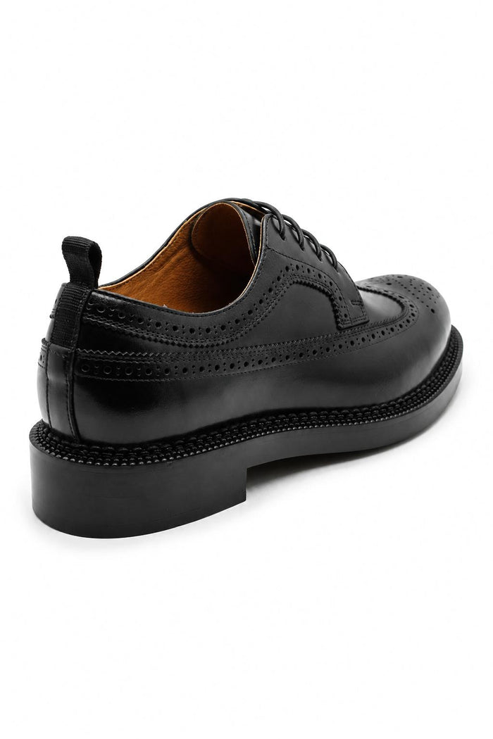 Men's Polished Leather Wingtip Brogues - Black Chunky Derby Shoes