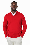 Men's Red 100% Cotton Fine Knit Quarter Zip Funnel Neck Jumper