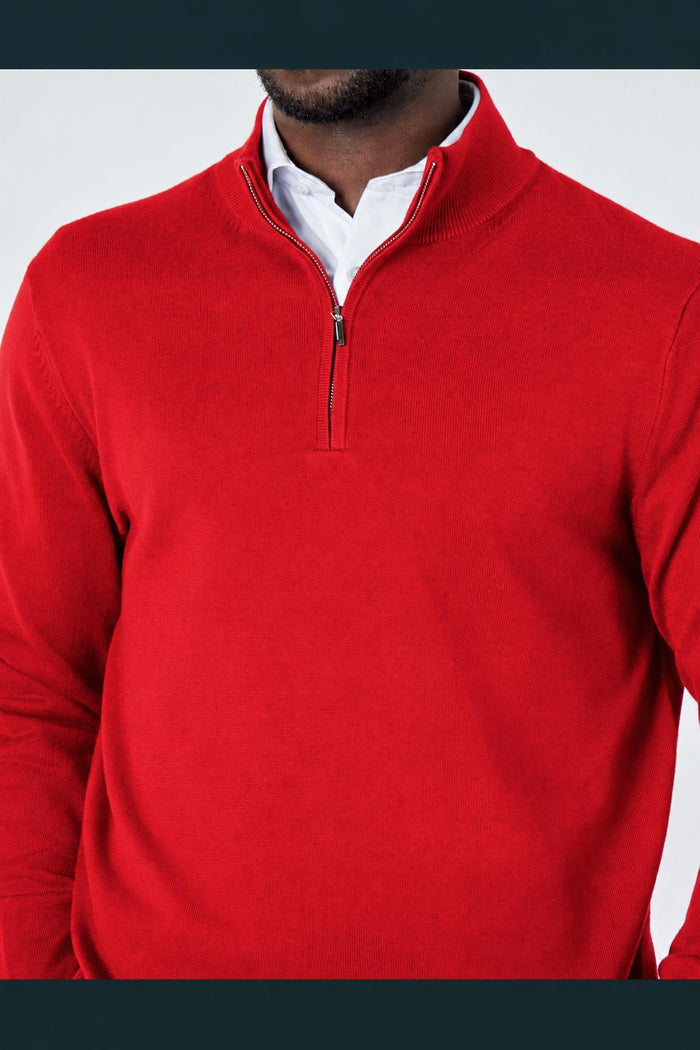Men's Red 100% Cotton Fine Knit Quarter Zip Funnel Neck Jumper