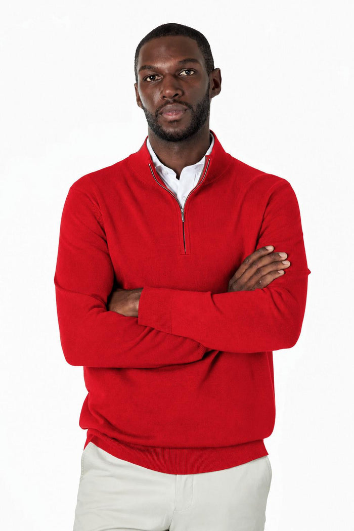 Men's Red 100% Cotton Fine Knit Quarter Zip Funnel Neck Jumper