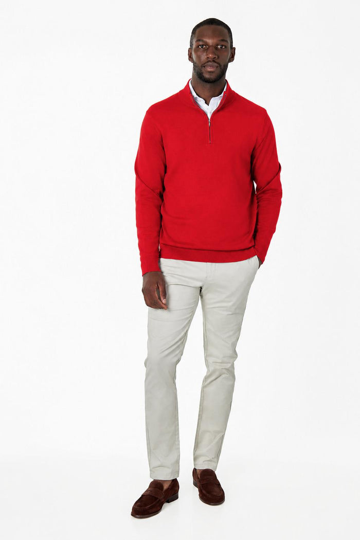 Men's Red 100% Cotton Fine Knit Quarter Zip Funnel Neck Jumper