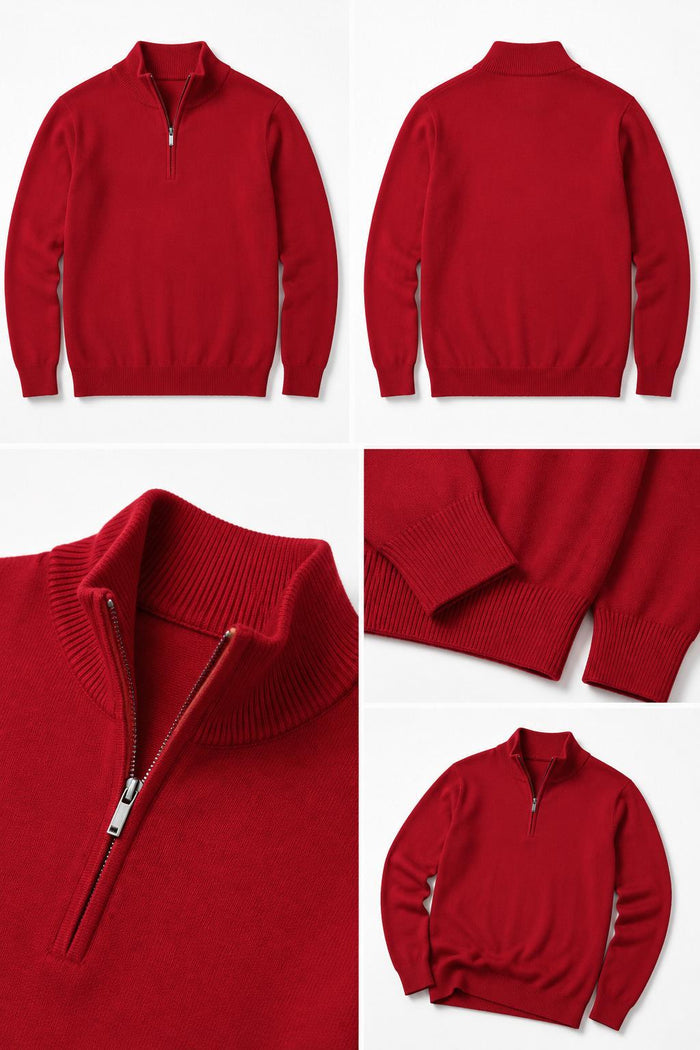 Men's Red 100% Cotton Fine Knit Quarter Zip Funnel Neck Jumper