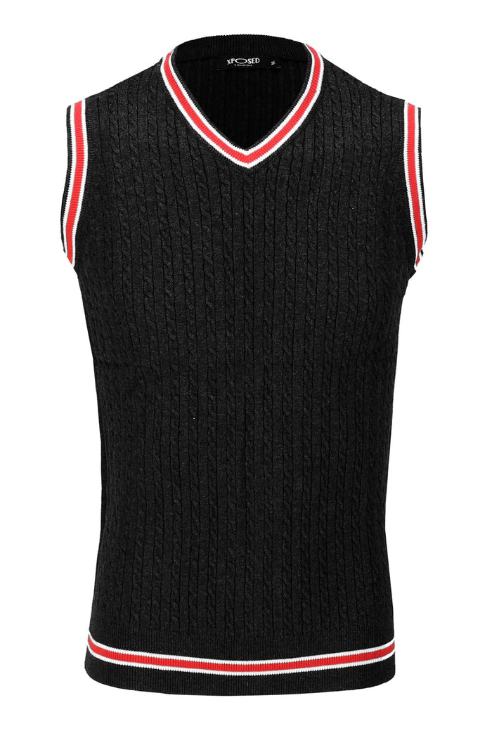 Mens Sleeveless V Neck Black Jumper Knitted Vest
