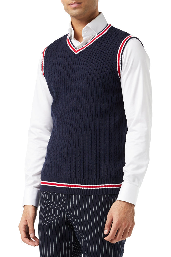 Mens Sleeveless V Neck Navy Jumper Knitted Vest