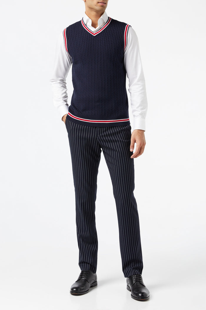 Mens Sleeveless V Neck Navy Jumper Knitted Vest