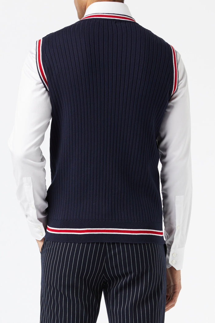 Mens Sleeveless V Neck Navy Jumper Knitted Vest