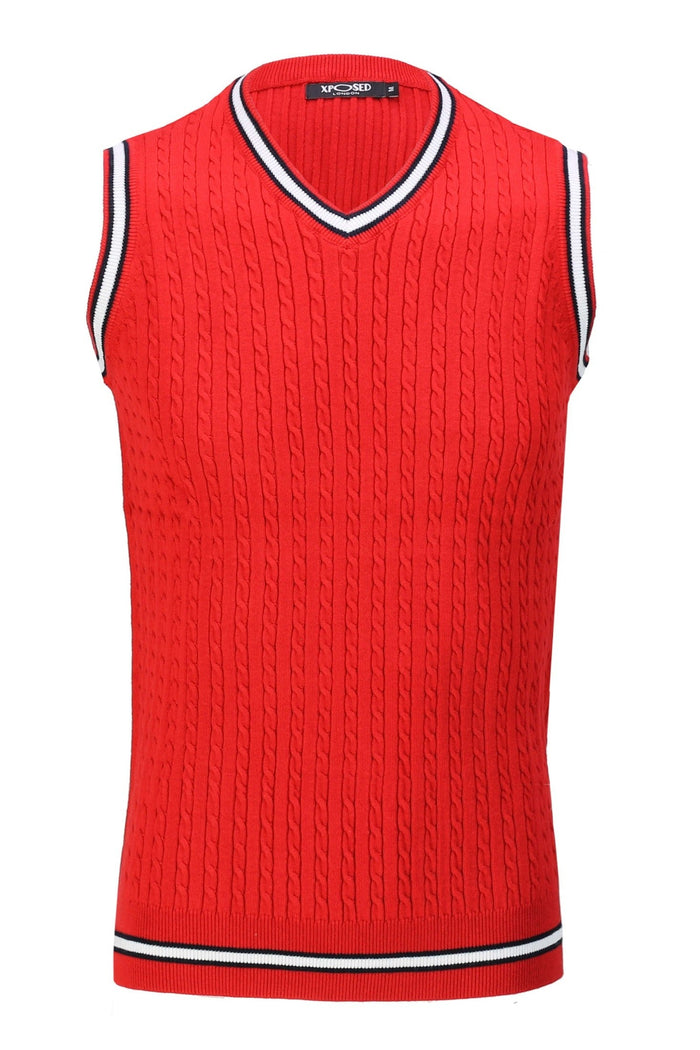 Mens Sleeveless V Neck Red Jumper Knitted Vest