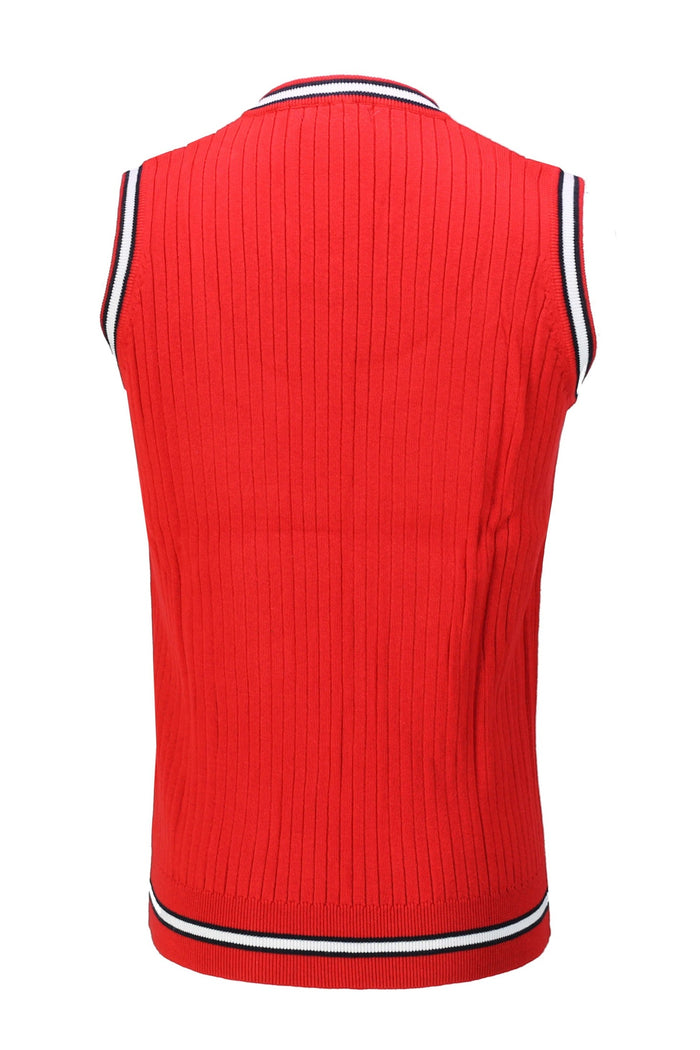 Mens Sleeveless V Neck Red Jumper Knitted Vest