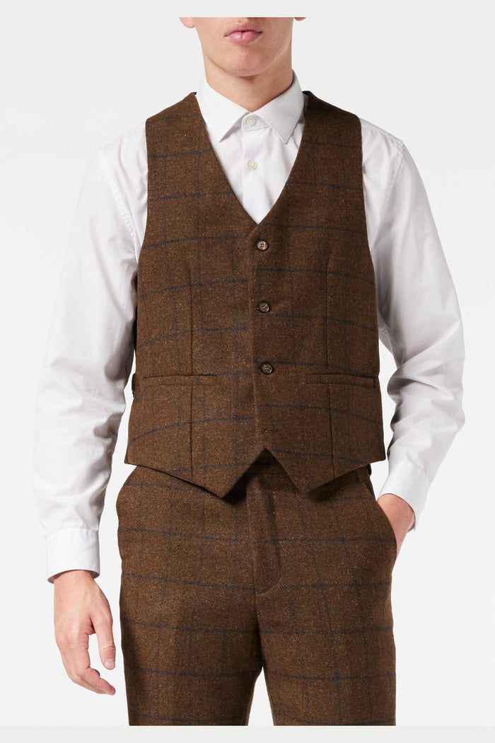 MENS TWEED TAN BROWN HERRINGBONE CHECK PEAKY BLINDERS WAISTCOAT