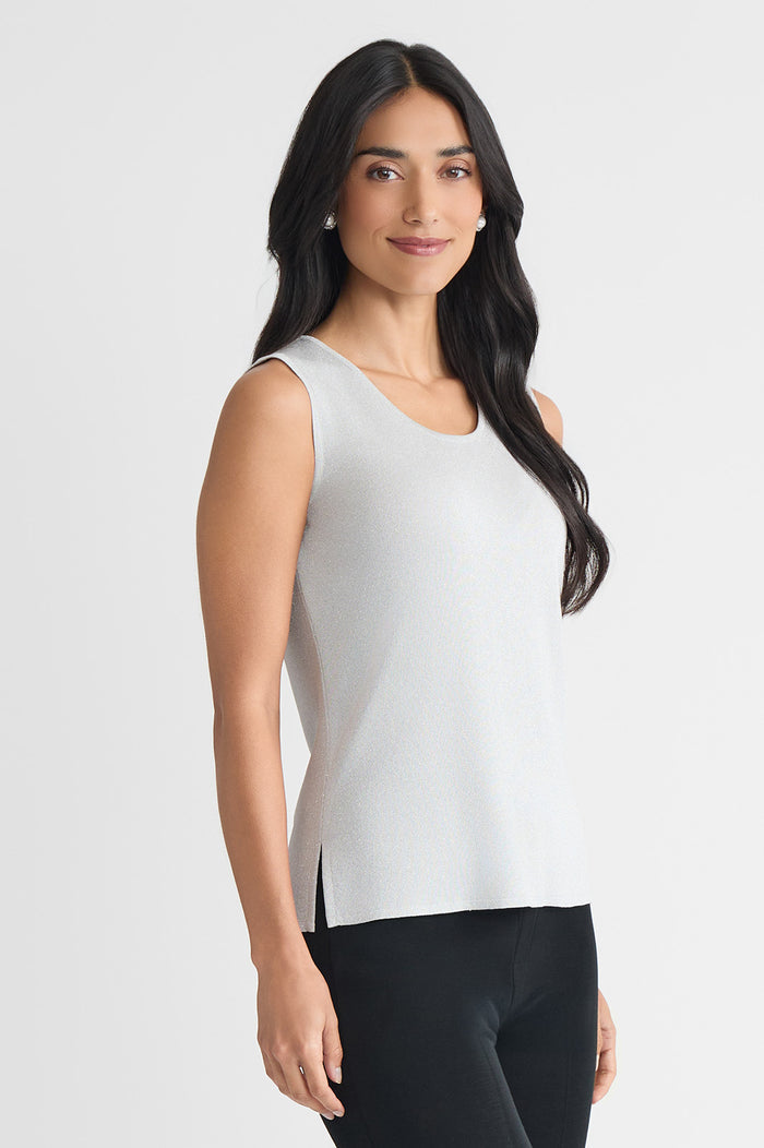 Mid-Length Lurex Scoop Neck Knit Tank, Silver, Silver | Ming Wang