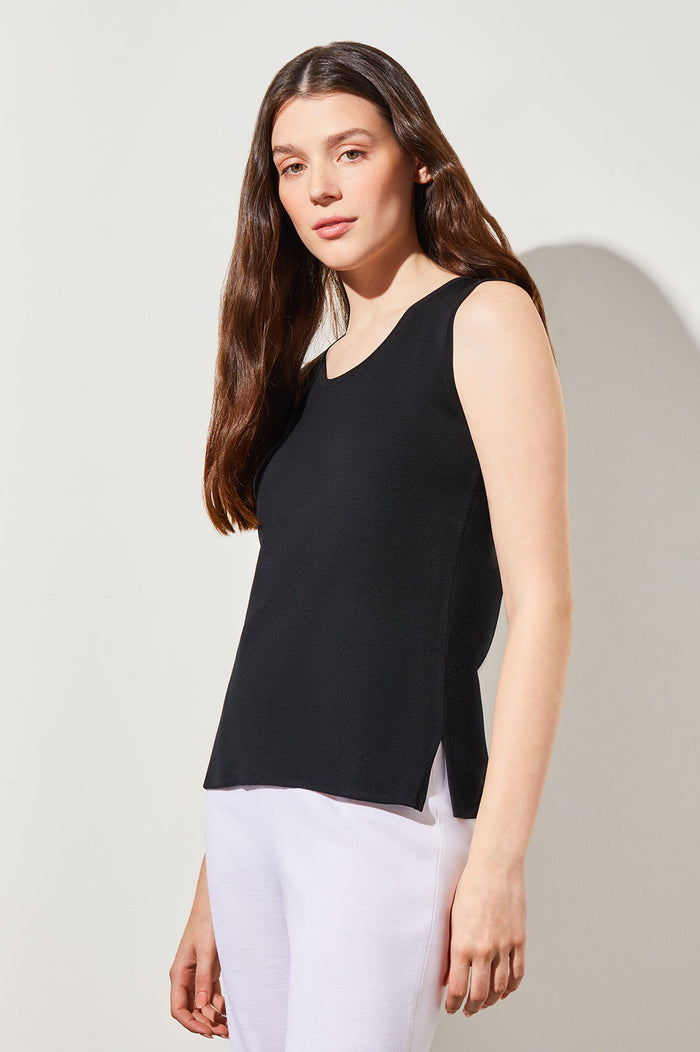Mid-Length Scoop Neck Knit Tank, Black | Ming Wang