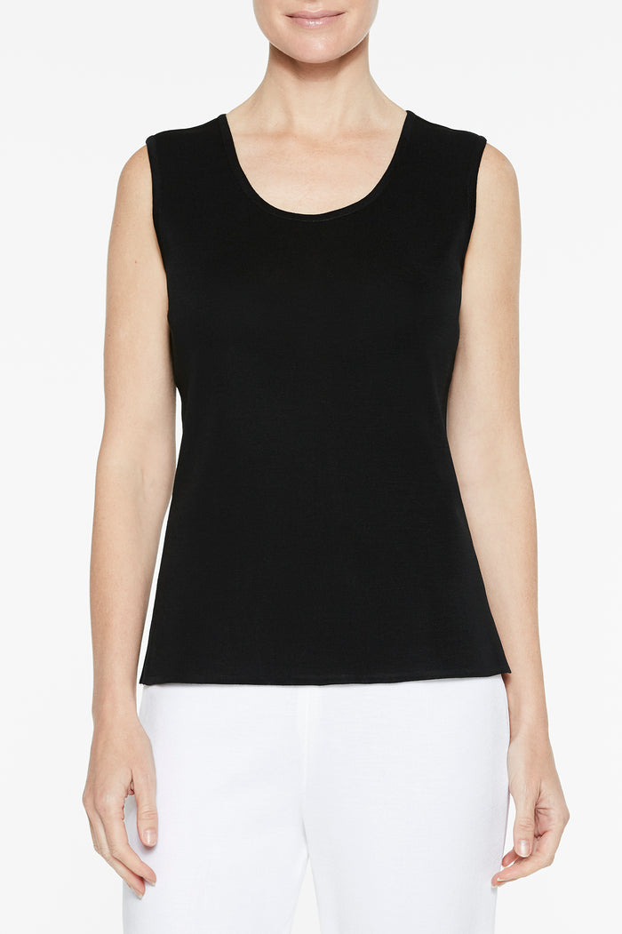 Mid-Length Scoop Neck Knit Tank, Black | Ming Wang