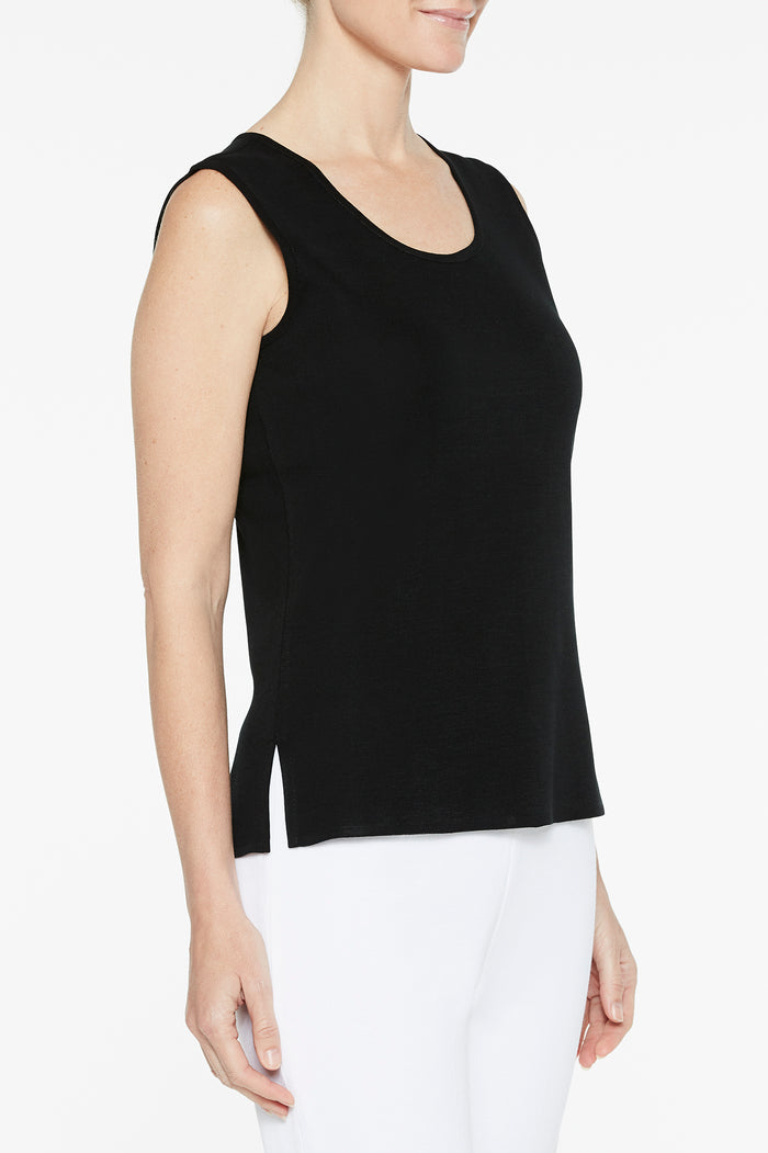 Mid-Length Scoop Neck Knit Tank, Black | Ming Wang