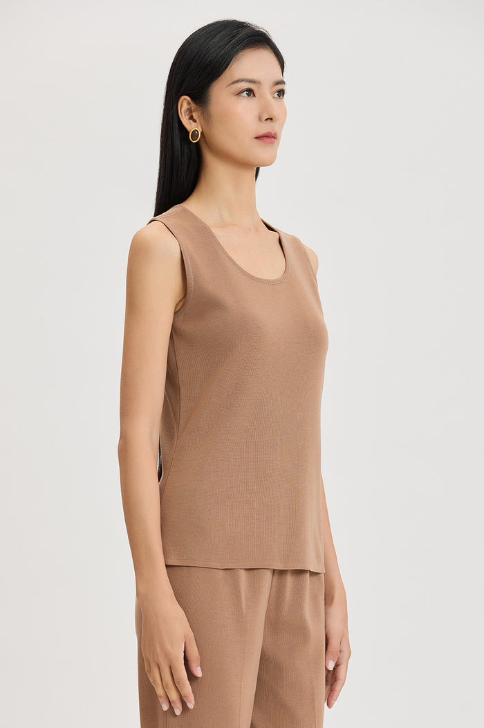 Mid-Length Scoop Neck Knit Tank, Warm Taupe, Warm Taupe | Ming Wang