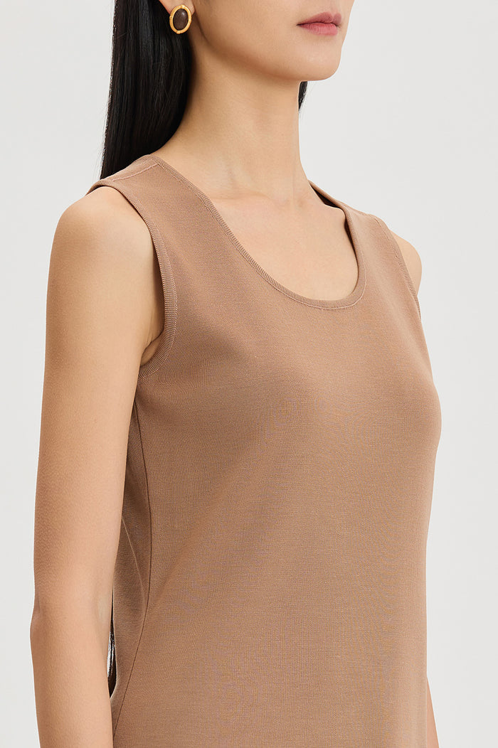 Mid-Length Scoop Neck Knit Tank, Warm Taupe, Warm Taupe | Ming Wang