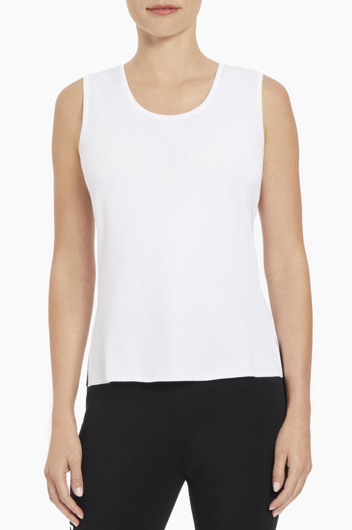 Mid-Length Scoop Neck Knit Tank, White | Ming Wang