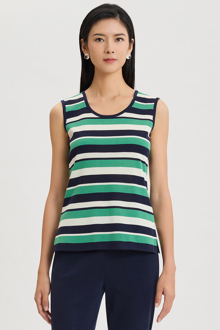 Mid-Length Stripe Scoop Neck Knit Tank, Indigo/Kelly Green/Ivory | Ming Wang