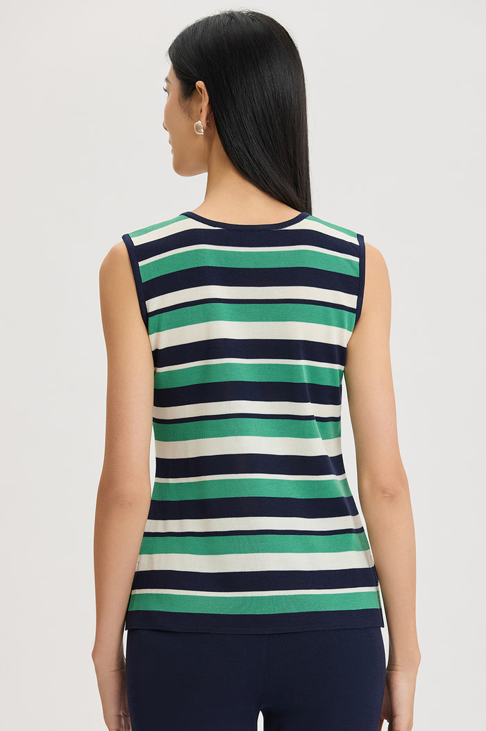 Mid-Length Stripe Scoop Neck Knit Tank, Indigo/Kelly Green/Ivory | Ming Wang