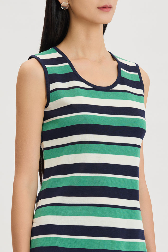 Mid-Length Stripe Scoop Neck Knit Tank, Indigo/Kelly Green/Ivory | Ming Wang
