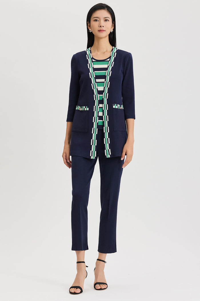 Mid-Length Stripe Scoop Neck Knit Tank, Indigo/Kelly Green/Ivory | Ming Wang