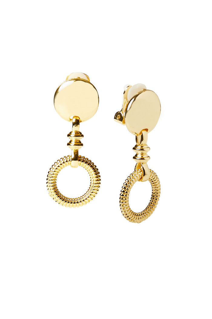 Mixed Texture Gold Circle Dangle Clip Earrings | Ming Wang