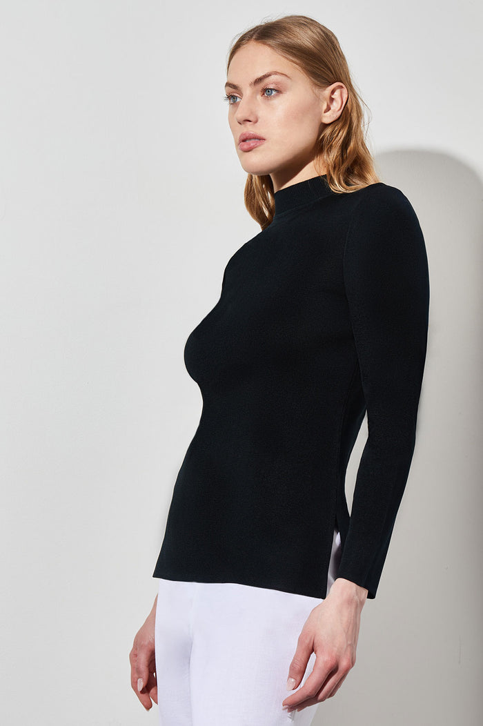 Mock Neck Tunic - Knit, Black, Black | Ming Wang