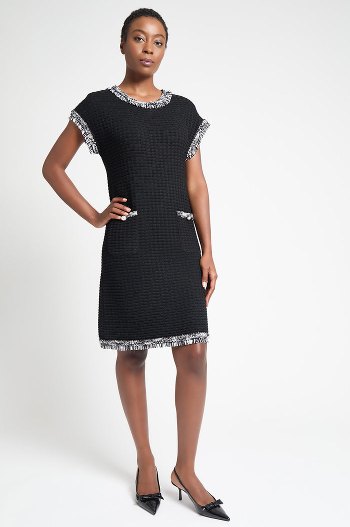 Modern Fit Contrast Trim Shift Dress, Black/White | Ming Wang