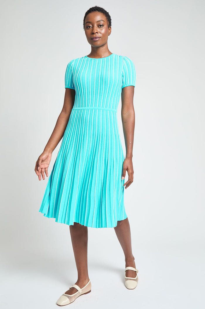 Modern Fit Jewel Neck Striped Flare Soft Knit Dress, Calypso Blue/White | Ming Wang