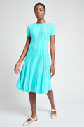 Modern Fit Jewel Neck Striped Flare Soft Knit Dress, Calypso Blue/White | Ming Wang