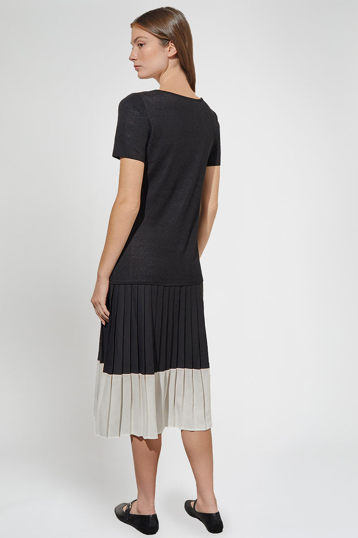 Modern Fit Midi Drop-Waist Dress - Pleated Mixed Media, Black/White | Ming Wang