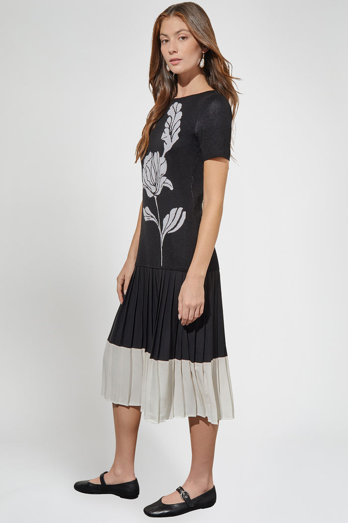Modern Fit Midi Drop-Waist Dress - Pleated Mixed Media, Black/White | Ming Wang