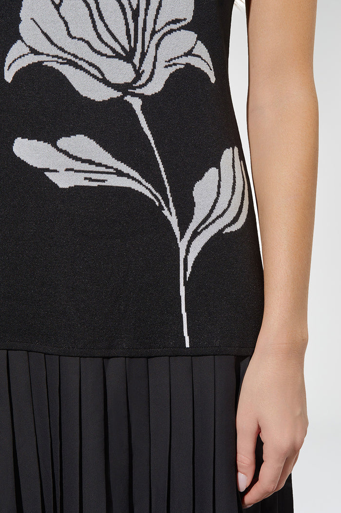 Modern Fit Midi Drop-Waist Dress - Pleated Mixed Media, Black/White | Ming Wang