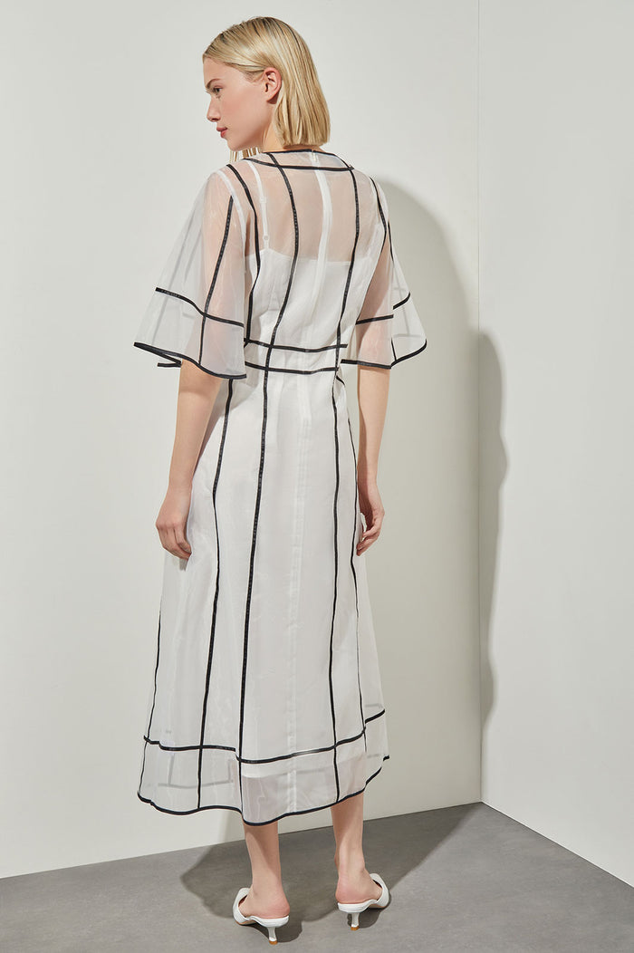 Modern Fit-N-Flare Midi Dress - Contrast Stripe Organza, White/Black | Ming Wang