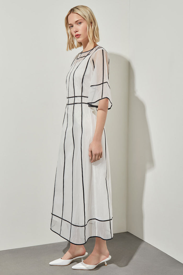 Modern Fit-N-Flare Midi Dress - Contrast Stripe Organza, White/Black | Ming Wang