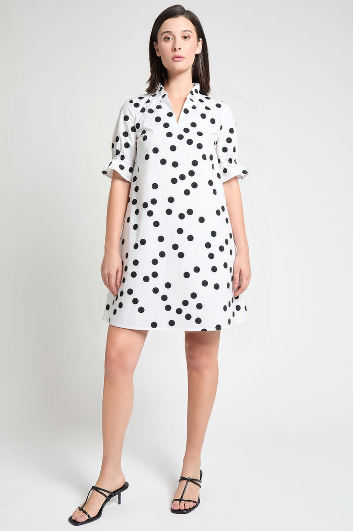 Modern Fit Ruffle Detail Cotton Poplin Shift Dress, White/Black | Ming Wang