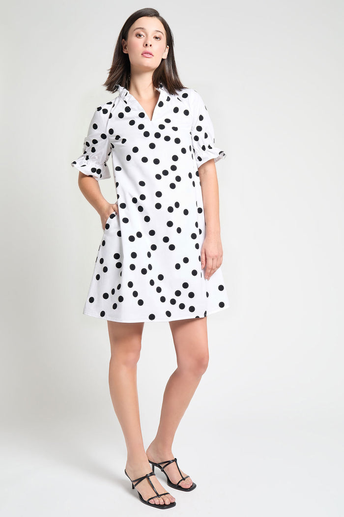 Modern Fit Ruffle Detail Cotton Poplin Shift Dress, White/Black | Ming Wang