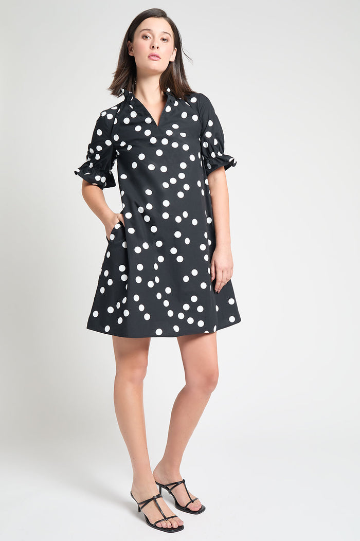 Modern Fit Ruffle Detail Cotton Poplin Shift Dress, Black/White | Ming Wang