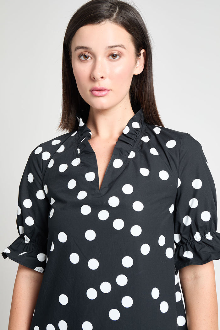 Modern Fit Ruffle Detail Cotton Poplin Shift Dress, Black/White | Ming Wang