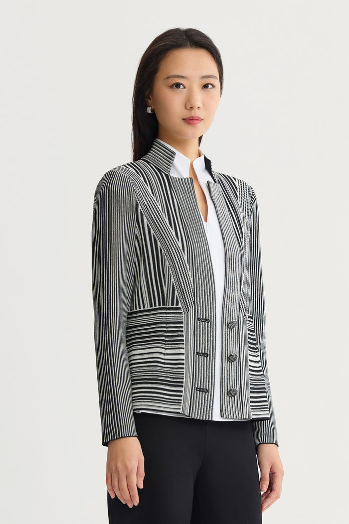 Monochrome Striped Knit Jacket, Black/Ivory | Ming Wang