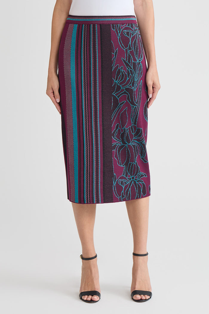 Multi-Pattern Jacquard Soft Knit Straight Midi Skirt, Midnight Violet/Nebula/White/Black | Ming Wang