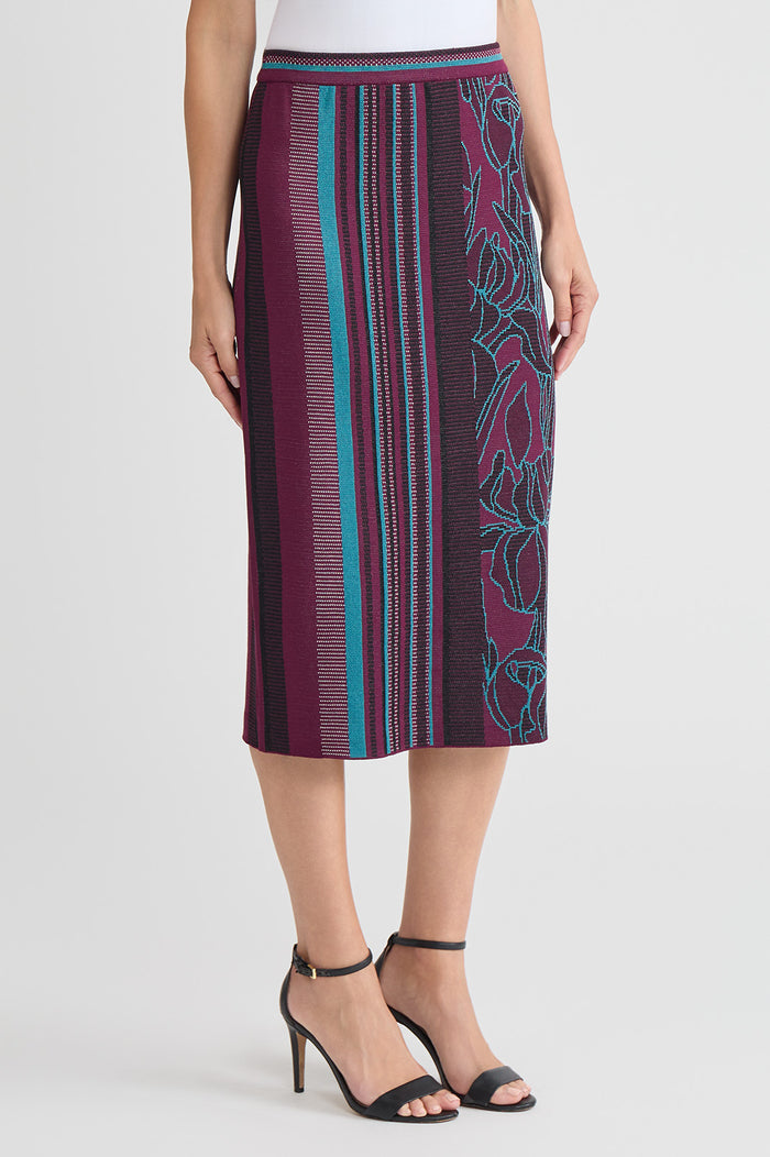 Multi-Pattern Jacquard Soft Knit Straight Midi Skirt, Midnight Violet/Nebula/White/Black | Ming Wang