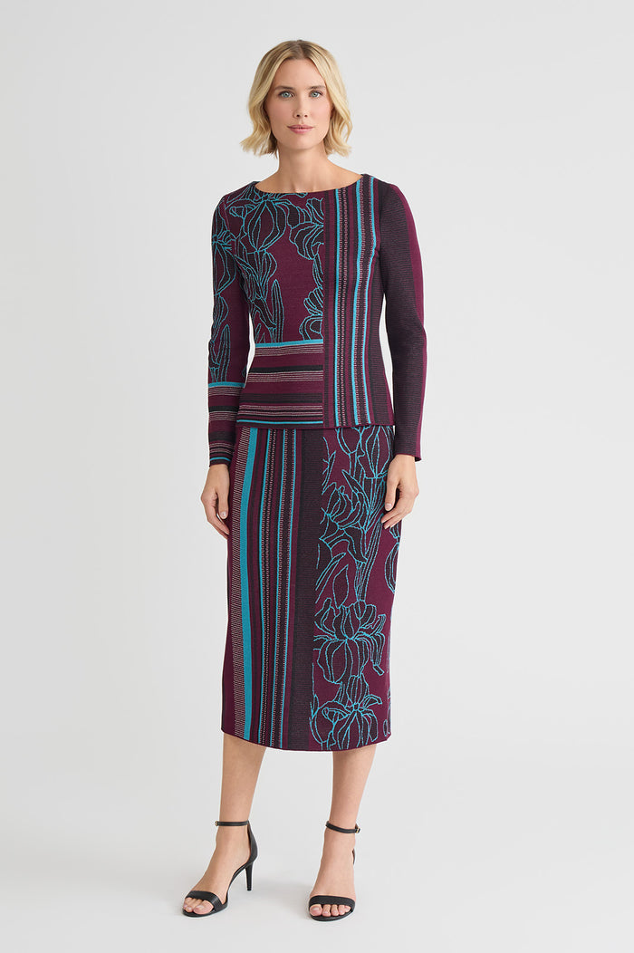 Multi-Pattern Jacquard Soft Knit Straight Midi Skirt, Midnight Violet/Nebula/White/Black | Ming Wang