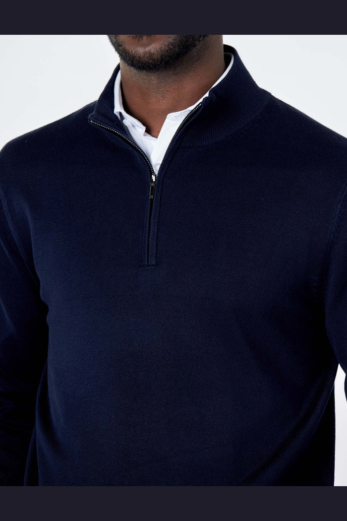 NAVY 100% COTTON KNIT ZIP NECK JUMPER