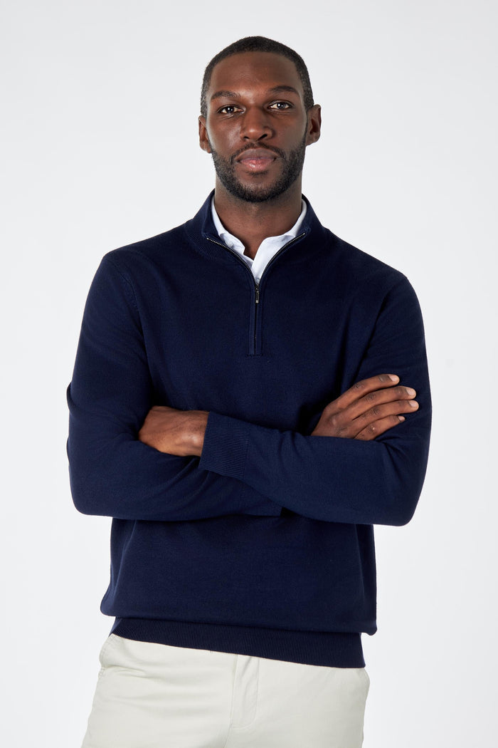 NAVY 100% COTTON KNIT ZIP NECK JUMPER
