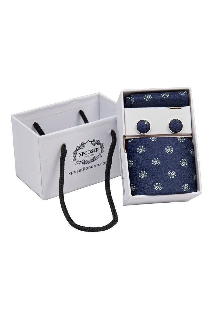 NAVY MINI FLORAL NECK TIE SET