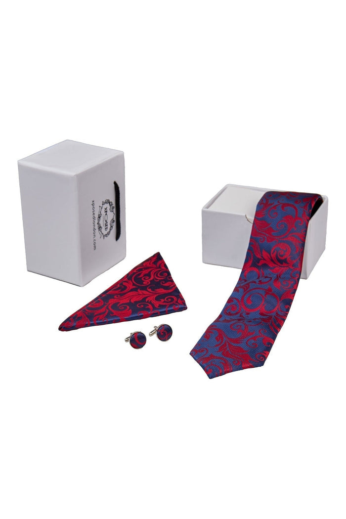 NAVY RED FLORAL PAISLEY NECK TIE SET