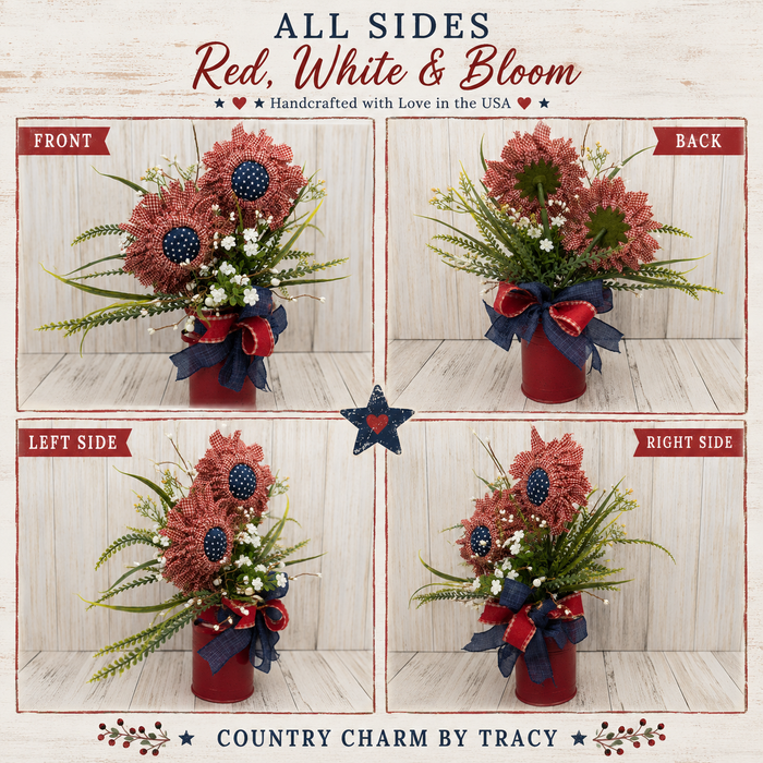 Patriotic Fabric Flowers in Milk Can - Red White and Blue Americana Floral Arrangement