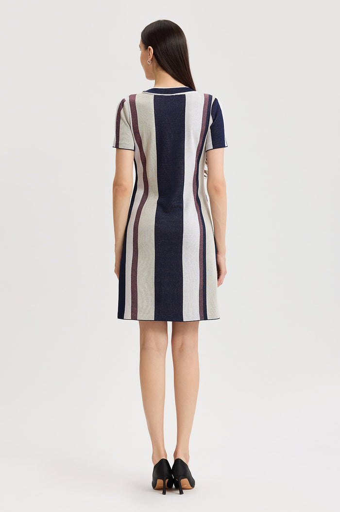 Petite Button-Front Striped Soft Knit Dress, Sunkist Coral/Indigo/Limestone/White | Ming Wang