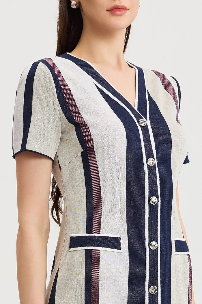 Petite Button-Front Striped Soft Knit Dress, Sunkist Coral/Indigo/Limestone/White | Ming Wang